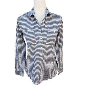 Madewell Gray and White Strip Long Sleeve Collared Shirt Half Button Front S